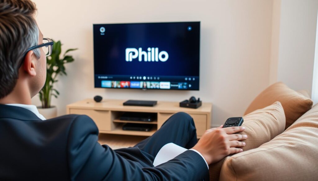 Generate an image of a person relaxing on a couch, watching their favorite TV show on a streaming device with a Philo logo on the screen. Generate an image of a person relaxing on a couch, watching their favorite TV show on a streaming device with a Philo logo on the screen.