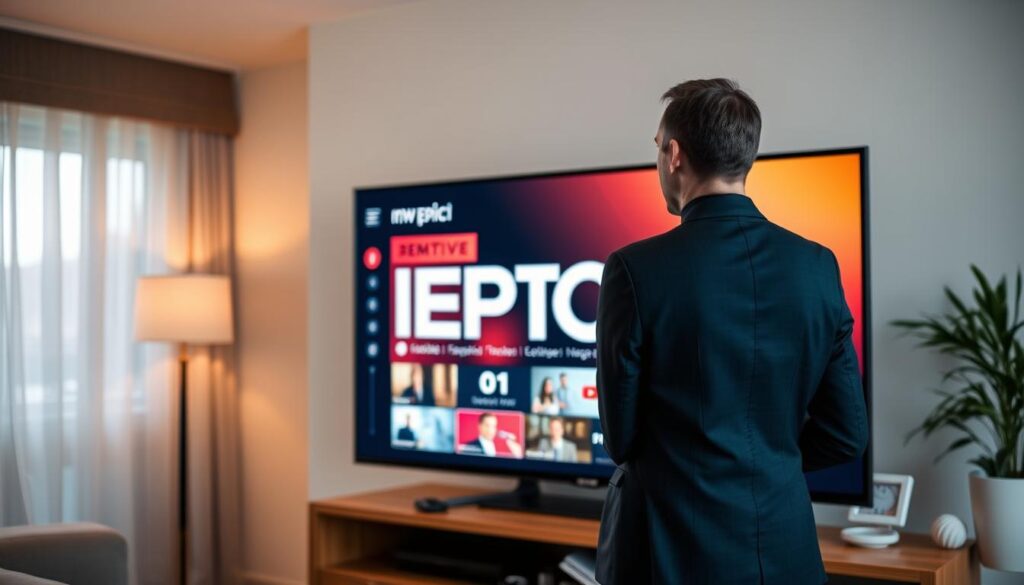 Generate an image of a person setting up IPTV Epic on their TV Generate an image of a person setting up IPTV Epic on their TV