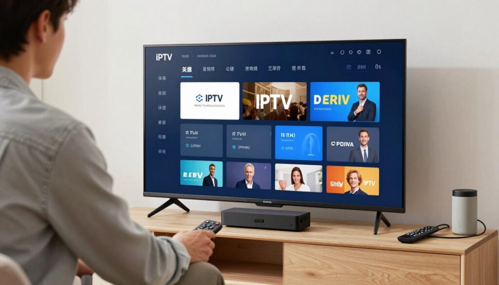 Generate an image of a person setting up IPTV on their TV Generate an image of a person setting up IPTV on their TV