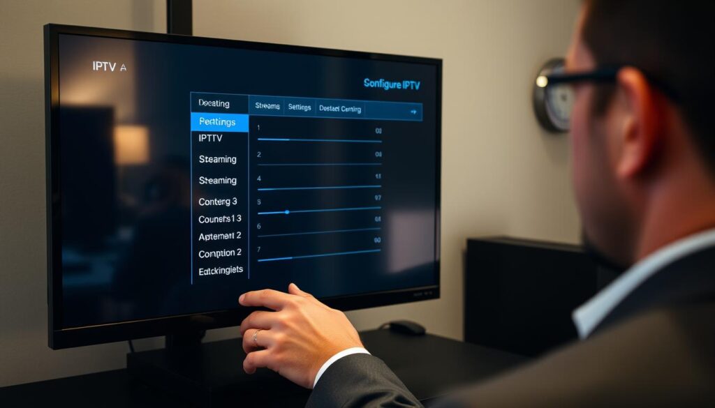 Generate an image of a person setting up IPTV on their device Generate an image of a person setting up IPTV on their device
