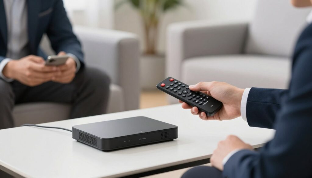 Generate an image of a person setting up an IPTV box with a remote control. Generate an image of a person setting up an IPTV box with a remote control.
