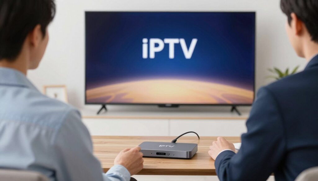 Generate an image of a person setting up an IPTV service on their TV using an Android box. Generate an image of a person setting up an IPTV service on their TV using an Android box.