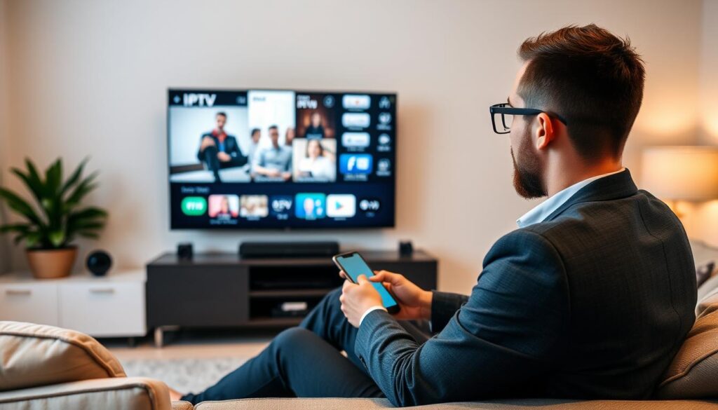 Generate an image of a person streaming IPTV content on a smart TV while using a VPN on a connected device. Generate an image of a person streaming IPTV content on a smart TV while using a VPN on a connected device.