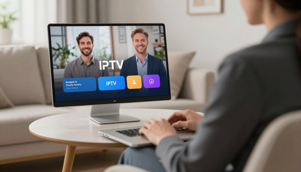 Generate an image of a person streaming their favorite TV show on a budget-friendly IPTV service Generate an image of a person streaming their favorite TV show on a budget-friendly IPTV service