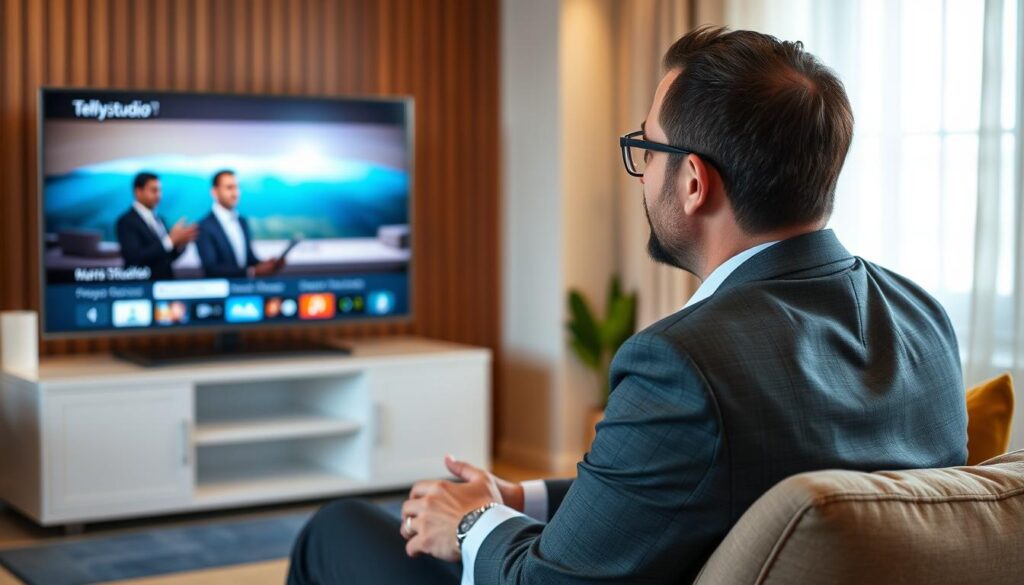 Generate an image of a person streaming their favorite TV show on a smart TV using Tellystudio IPTV service. Generate an image of a person streaming their favorite TV show on a smart TV using Tellystudio IPTV service.