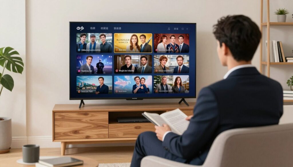 Generate an image of a person streaming their favorite TV show on an Android TV box Generate an image of a person streaming their favorite TV show on an Android TV box