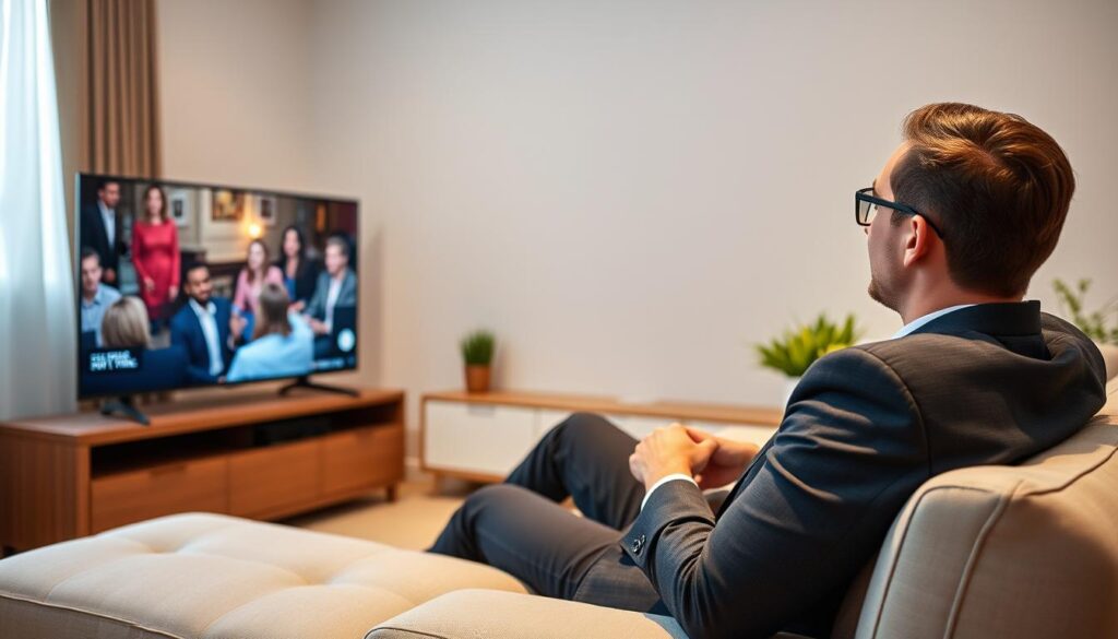Generate an image of a person streaming their favorite show on a TV with a stable IPTV connection. Generate an image of a person streaming their favorite show on a TV with a stable IPTV connection.