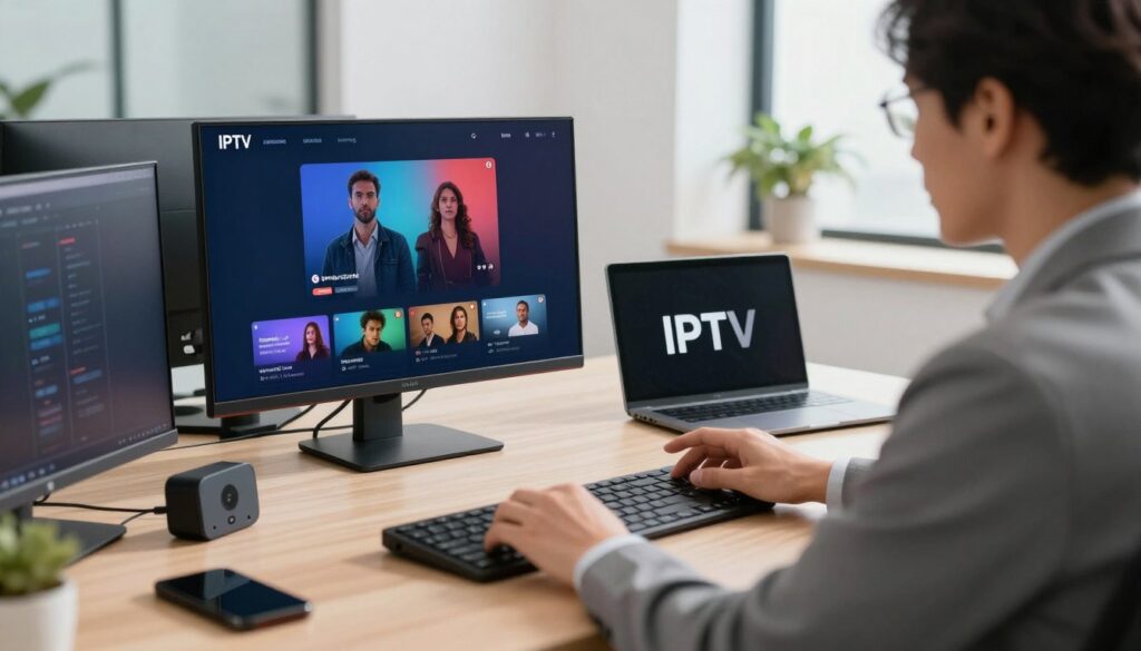 Generate an image of a person testing IPTV services on multiple devices Generate an image of a person testing IPTV services on multiple devices