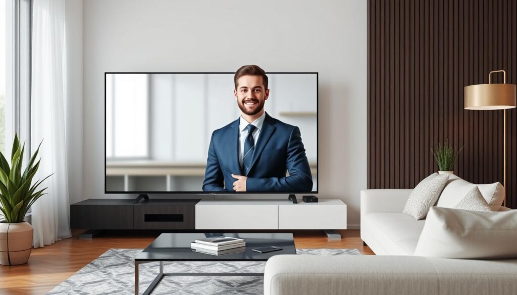 Generate an image of a person using Smartone-IPTV on a smart TV. Generate an image of a person using Smartone-IPTV on a smart TV.