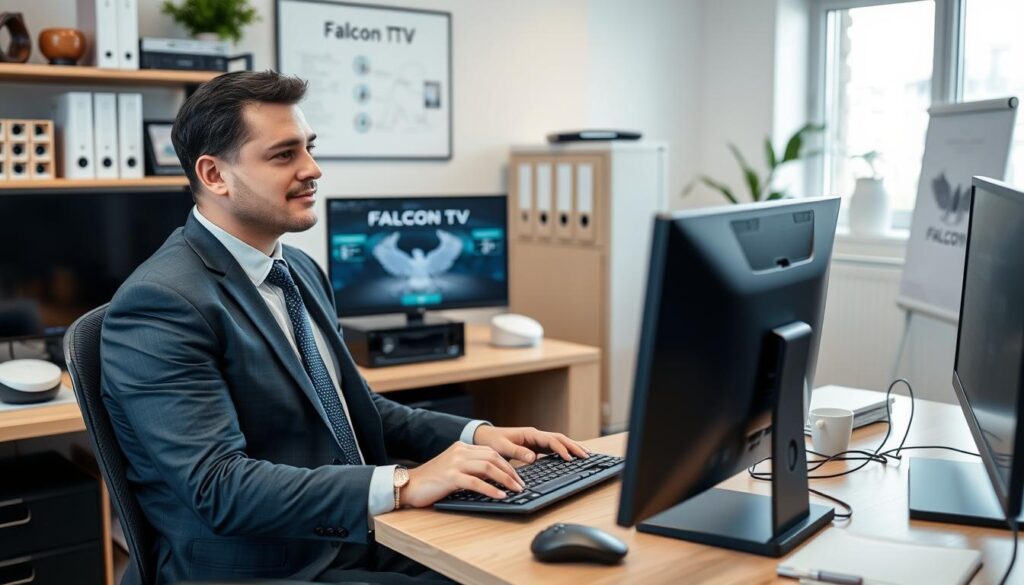 Generate an image of a person using a computer to manage their IPTV reseller business with Falcon TV. Generate an image of a person using a computer to manage their IPTV reseller business with Falcon TV.