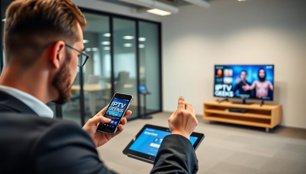 Generate an image of a person using a smartphone to access IPTV Geeks on multiple devices. Generate an image of a person using a smartphone to access IPTV Geeks on multiple devices.