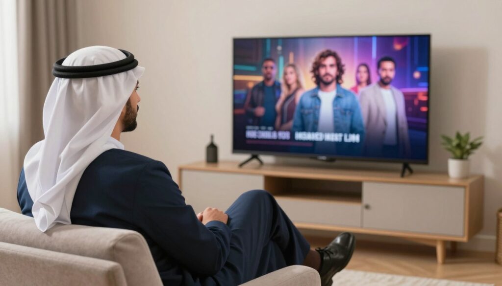 Generate an image of a person watching Arabic entertainment on a smart TV. Generate an image of a person watching Arabic entertainment on a smart TV.
