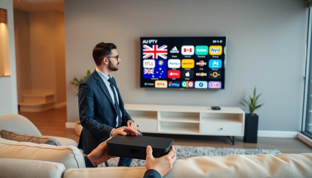 Generate an image of a person watching Australian TV channels on their device using AU IPTV. Generate an image of a person watching Australian TV channels on their device using AU IPTV.