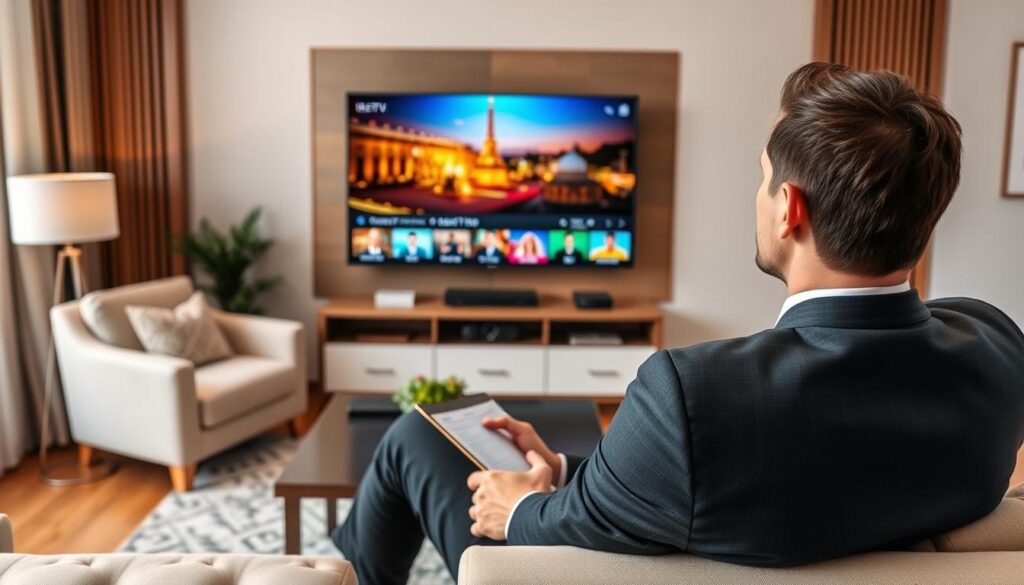Generate an image of a person watching European TV channels on their IPTV service. Generate an image of a person watching European TV channels on their IPTV service.
