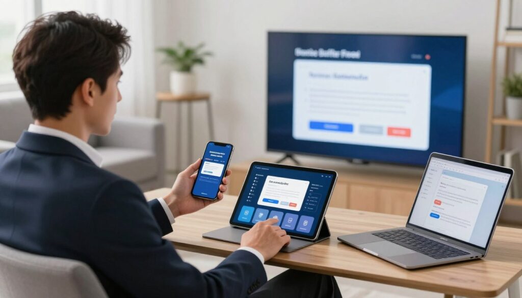 Generate an image of a person watching TV on multiple devices with a buffer-free experience. Generate an image of a person watching TV on multiple devices with a buffer-free experience.