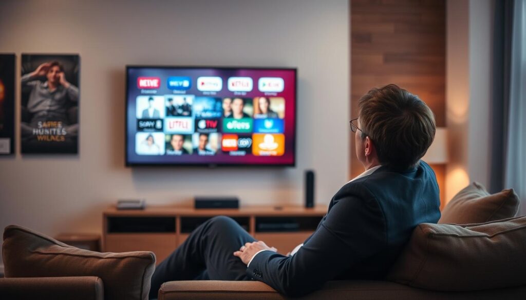 Generate an image of a person watching TV with a mix of traditional channels and modern streaming services on the screen. Generate an image of a person watching TV with a mix of traditional channels and modern streaming services on the screen.