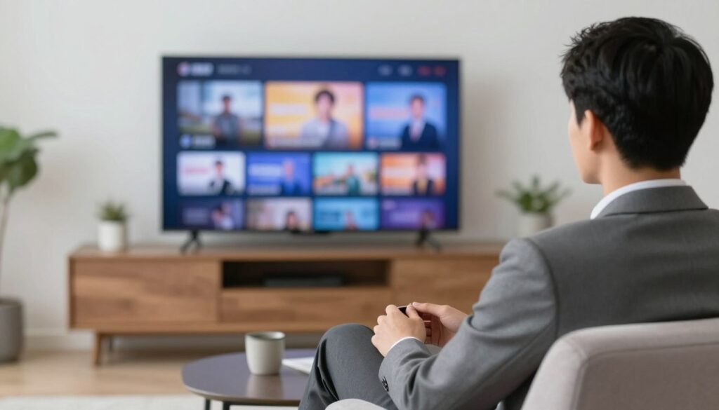 Generate an image of a person watching TV with a variety of channels on the screen Generate an image of a person watching TV with a variety of channels on the screen