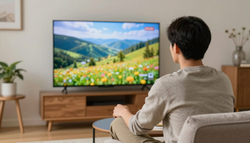 Generate an image of a person watching TV with an 8K resolution screen displaying a vibrant landscape. Generate an image of a person watching TV with an 8K resolution screen displaying a vibrant landscape.