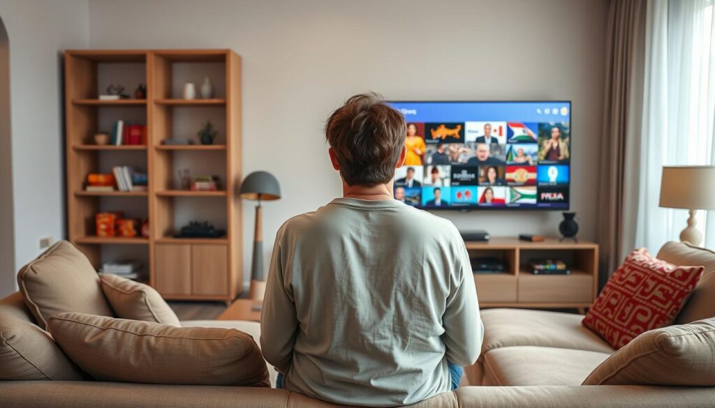 Generate an image of a person watching TV with channels from various countries. Generate an image of a person watching TV with channels from various countries.