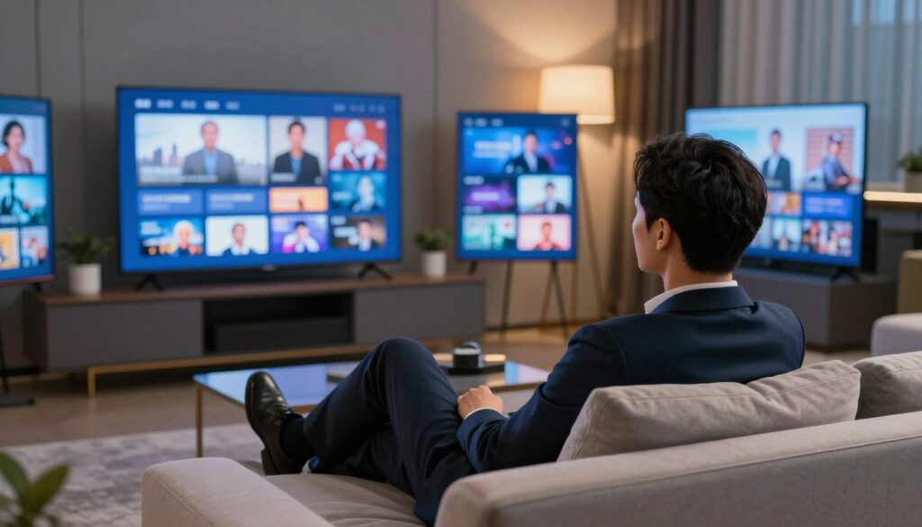 Generate an image of a person watching TV with multiple screens showing different channels and content. Generate an image of a person watching TV with multiple screens showing different channels and content.