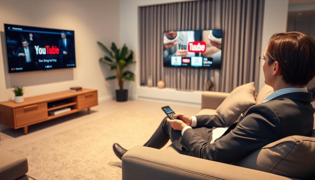 Generate an image of a person watching YouTube TV on their living room TV, with a remote control in hand. Generate an image of a person watching YouTube TV on their living room TV, with a remote control in hand.