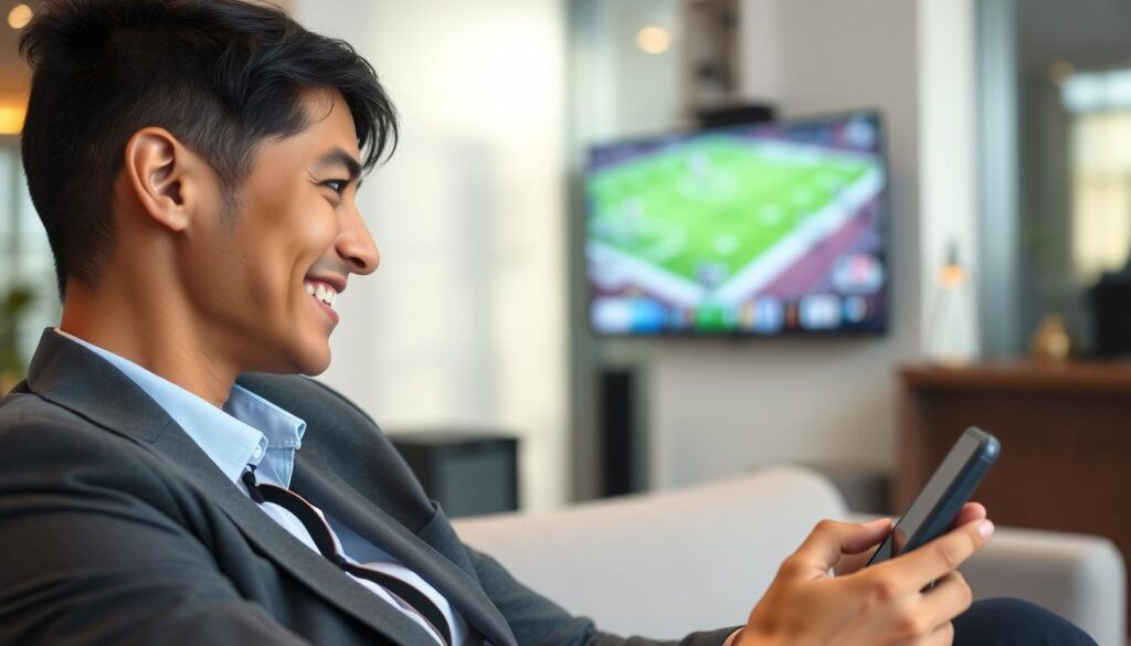 Generate an image of a person watching a live sports event on their device with a satisfied expression Generate an image of a person watching a live sports event on their device with a satisfied expression
