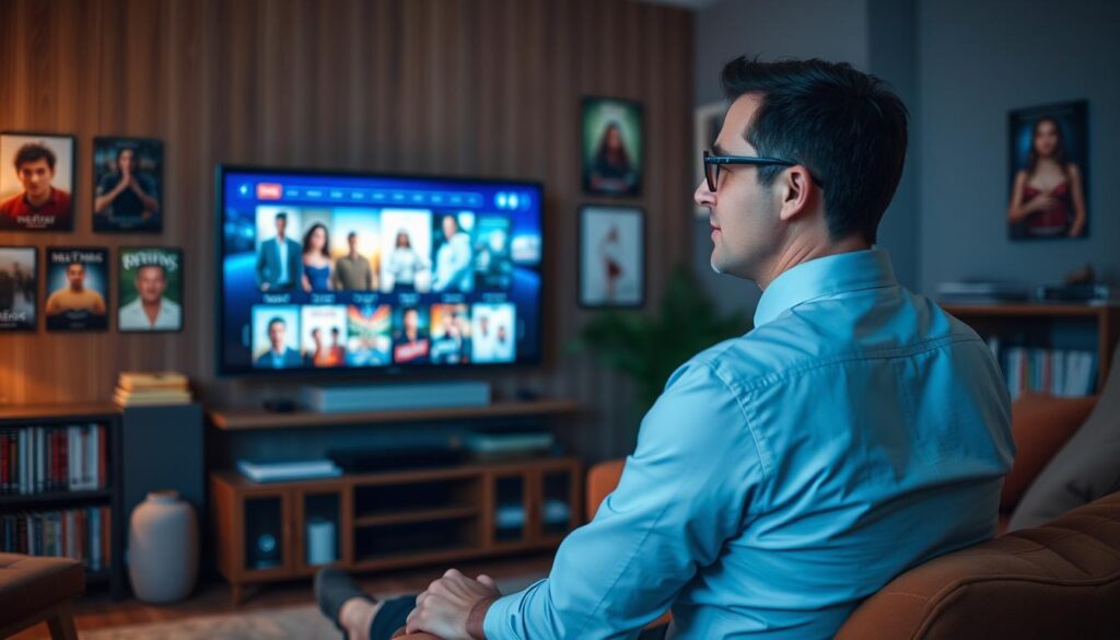 Generate an image of a person watching a variety of movies and TV shows on their TV using an IPTV service. Generate an image of a person watching a variety of movies and TV shows on their TV using an IPTV service.