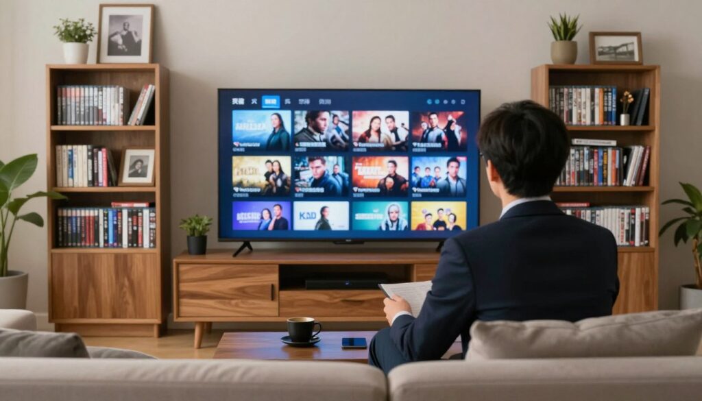 Generate an image of a person watching a vast collection of movies and TV shows on their TV using Hot IPTV. Generate an image of a person watching a vast collection of movies and TV shows on their TV using Hot IPTV.