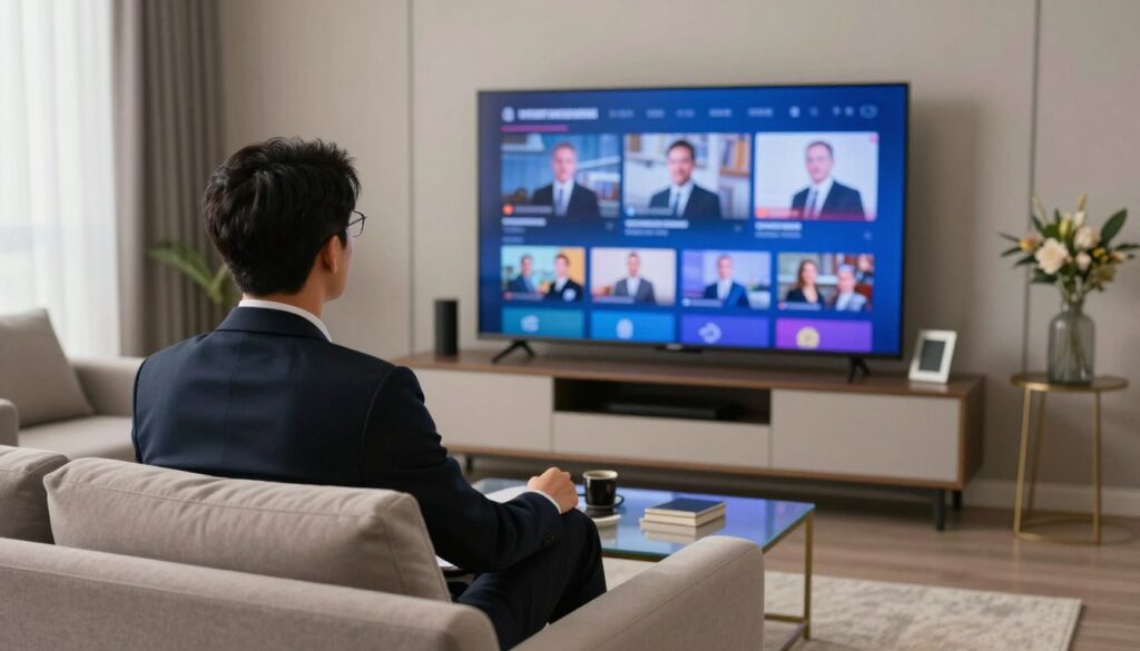 Generate an image of a person watching international channels on their TV. Generate an image of a person watching international channels on their TV.