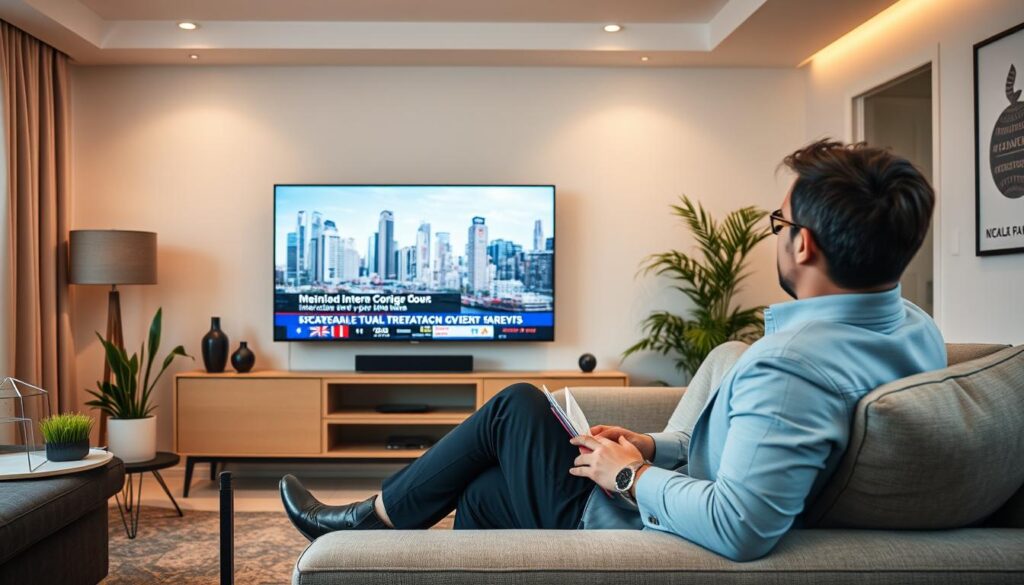Generate an image of a person watching international news on their TV with subtitles. Generate an image of a person watching international news on their TV with subtitles.