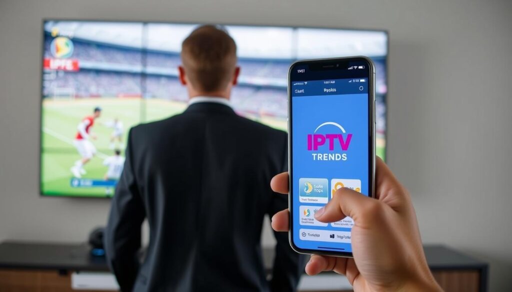 Generate an image of a person watching live sports on a large screen TV, with a smartphone in the background displaying the IPTV Trends app. Generate an image of a person watching live sports on a large screen TV, with a smartphone in the background displaying the IPTV Trends app.