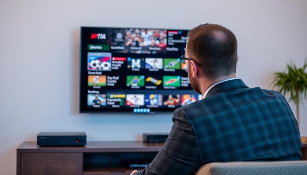 Generate an image of a person watching live sports on their IPTV device, highlighting the variety of sports channels available. Generate an image of a person watching live sports on their IPTV device, highlighting the variety of sports channels available.