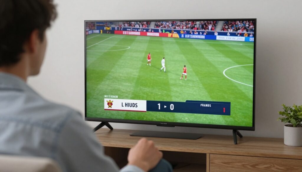 Generate an image of a person watching sports on a TV with a stable stream. Generate an image of a person watching sports on a TV with a stable stream.