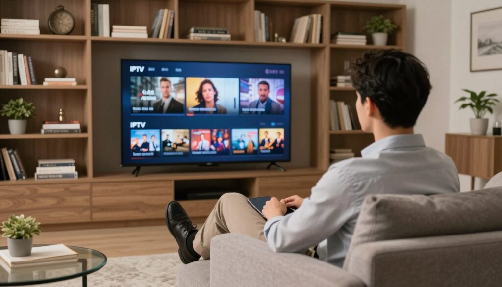 Generate an image of a person watching their favorite TV series on IPTV with a vast library of content Generate an image of a person watching their favorite TV series on IPTV with a vast library of content
