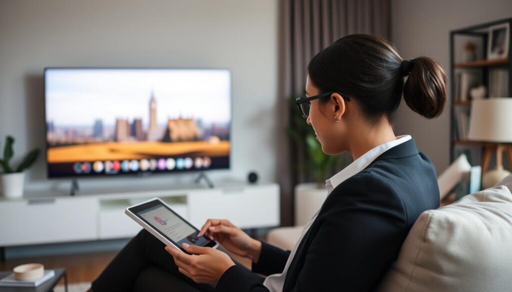 Generate an image of a person watching their favorite lifestyle channel on Philo. Generate an image of a person watching their favorite lifestyle channel on Philo.