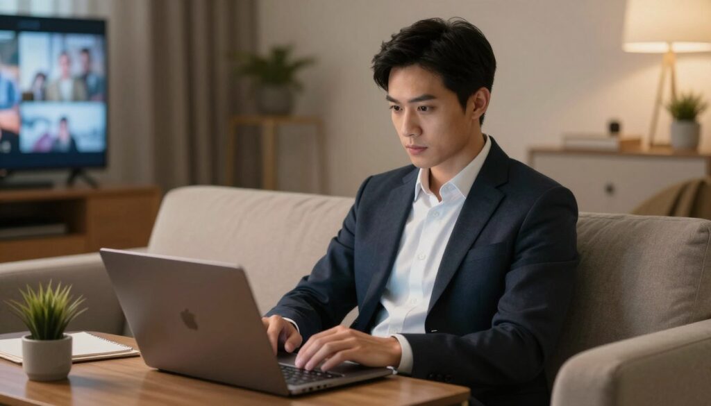 Generate an image of a person watching their favorite movie on a compatible device. Generate an image of a person watching their favorite movie on a compatible device.