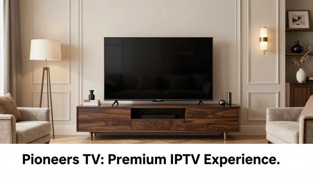 Generate an image of a premium TV setup with a caption "Pioneers TV: Premium IPTV Experience" Generate an image of a premium TV setup with a caption "Pioneers TV: Premium IPTV Experience"