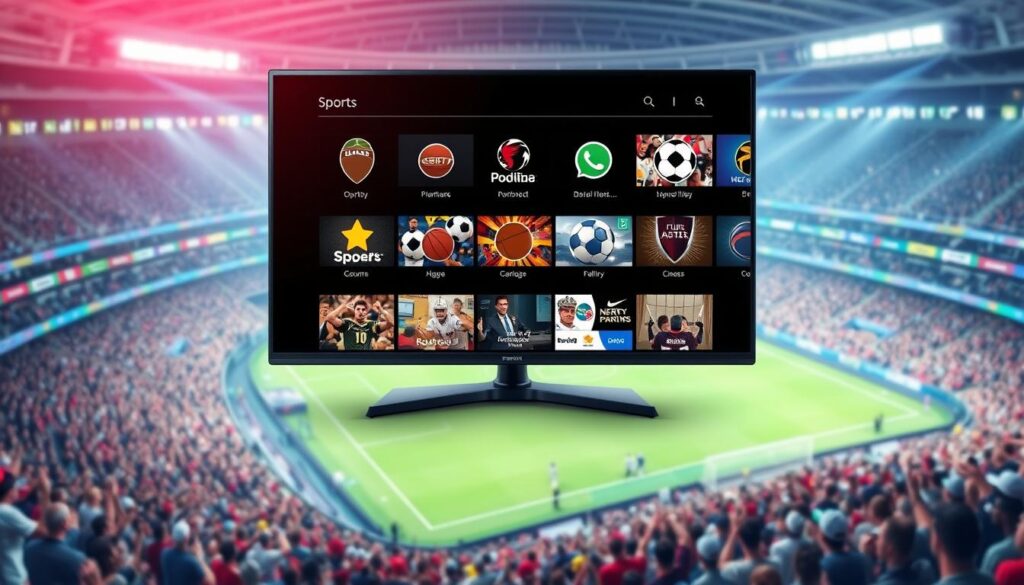Generate an image of a sleek, modern TV displaying a variety of sports channels, with a sports stadium in the background. Generate an image of a sleek, modern TV displaying a variety of sports channels, with a sports stadium in the background.