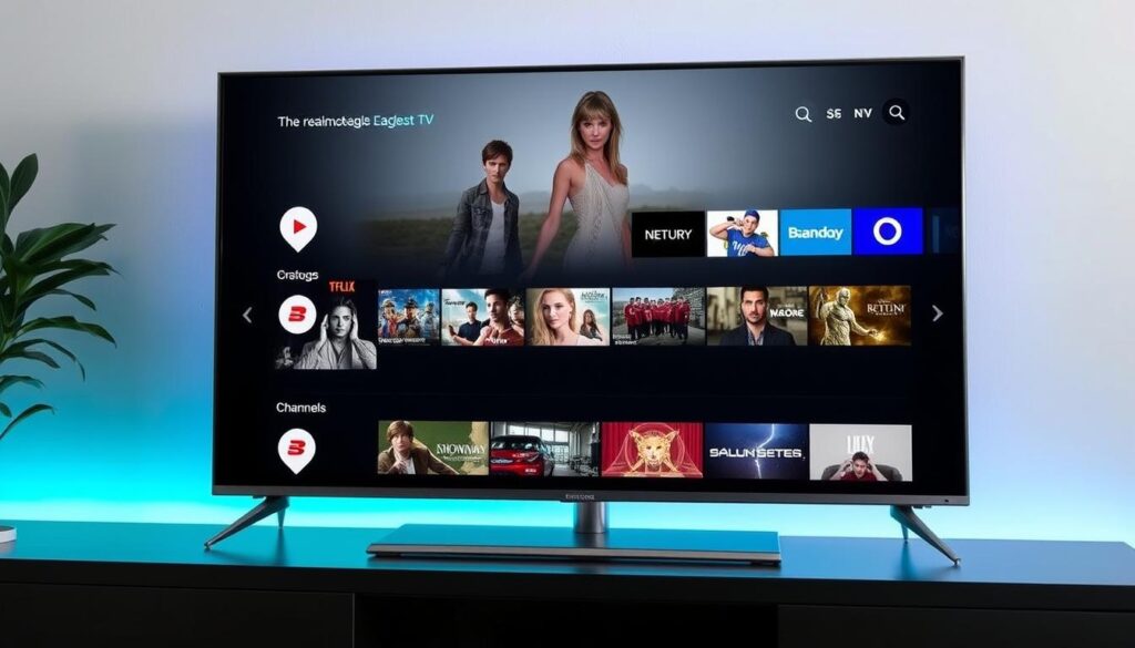 Generate an image of a sleek, modern TV screen displaying various channels and content through EagleCast TV. Generate an image of a sleek, modern TV screen displaying various channels and content through EagleCast TV.