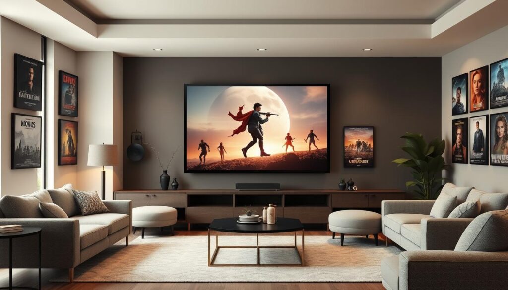 Generate an image of a sleek, modern living room with a large screen TV displaying a movie, surrounded by comfortable seating and a few movie posters on the wall. Generate an image of a sleek, modern living room with a large screen TV displaying a movie, surrounded by comfortable seating and a few movie posters on the wall.