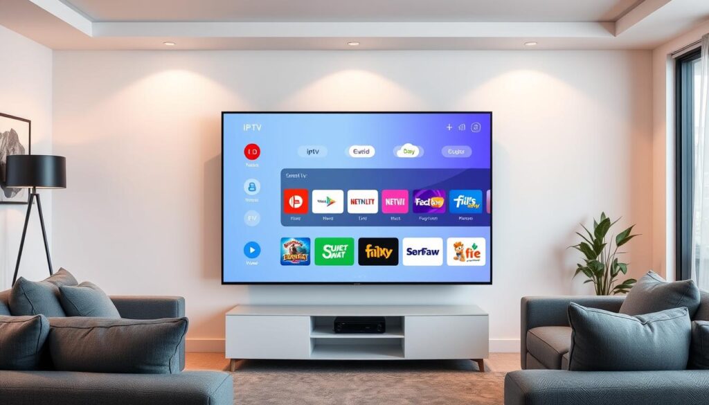 Generate an image of a smart TV screen with IPTV app Generate an image of a smart TV screen with IPTV app