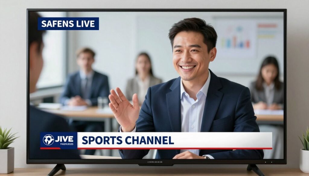 Generate an image of a sports channel streaming live on a TV with a satisfied customer in the background. Generate an image of a sports channel streaming live on a TV with a satisfied customer in the background.