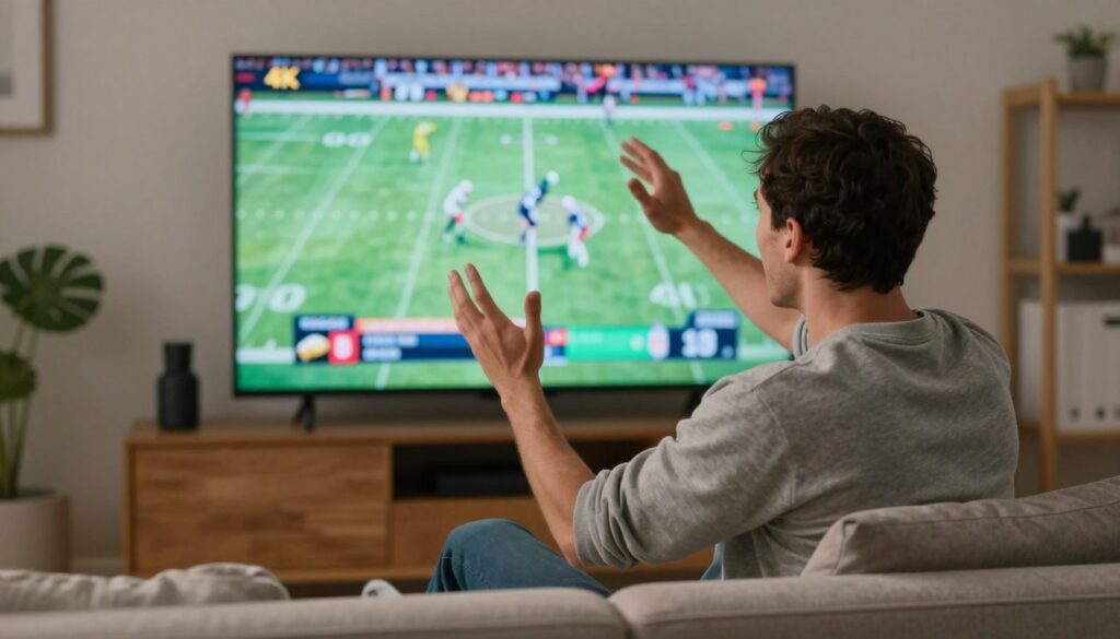 Generate an image of a sports enthusiast watching a live NFL game on IPTV with 4K quality Generate an image of a sports enthusiast watching a live NFL game on IPTV with 4K quality