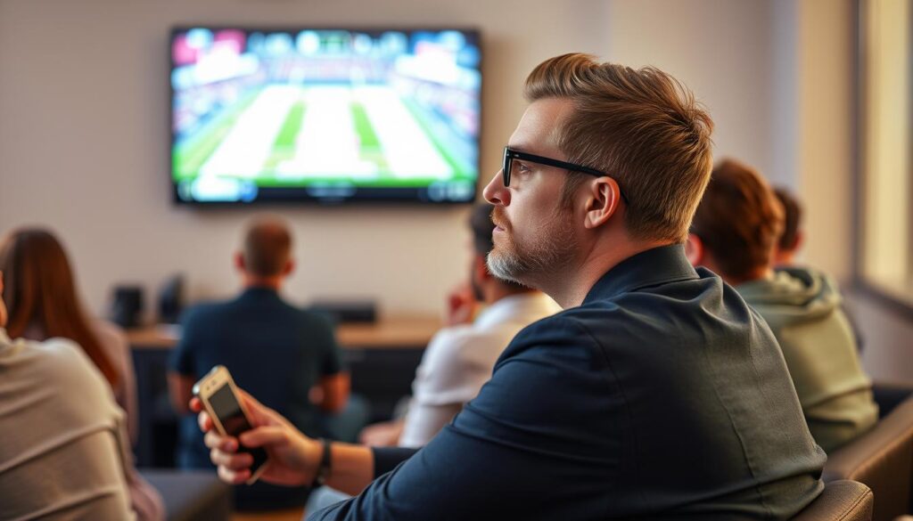 Generate an image of a sports enthusiast watching a live game on IPTV Generate an image of a sports enthusiast watching a live game on IPTV