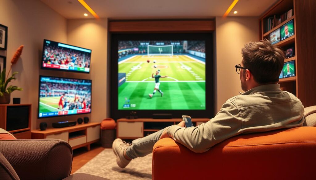 Generate an image of a sports enthusiast watching a live match on their TV with multiple screens showing different sports channels. Generate an image of a sports enthusiast watching a live match on their TV with multiple screens showing different sports channels.