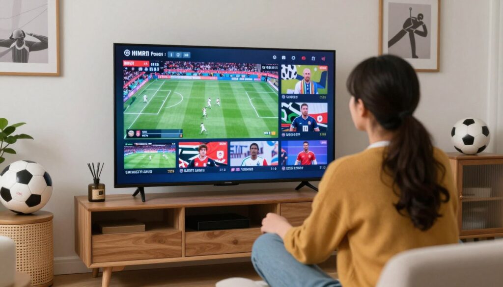 Generate an image of a sports enthusiast watching live sports on a TV with multiple sports channels displayed. Generate an image of a sports enthusiast watching live sports on a TV with multiple sports channels displayed.