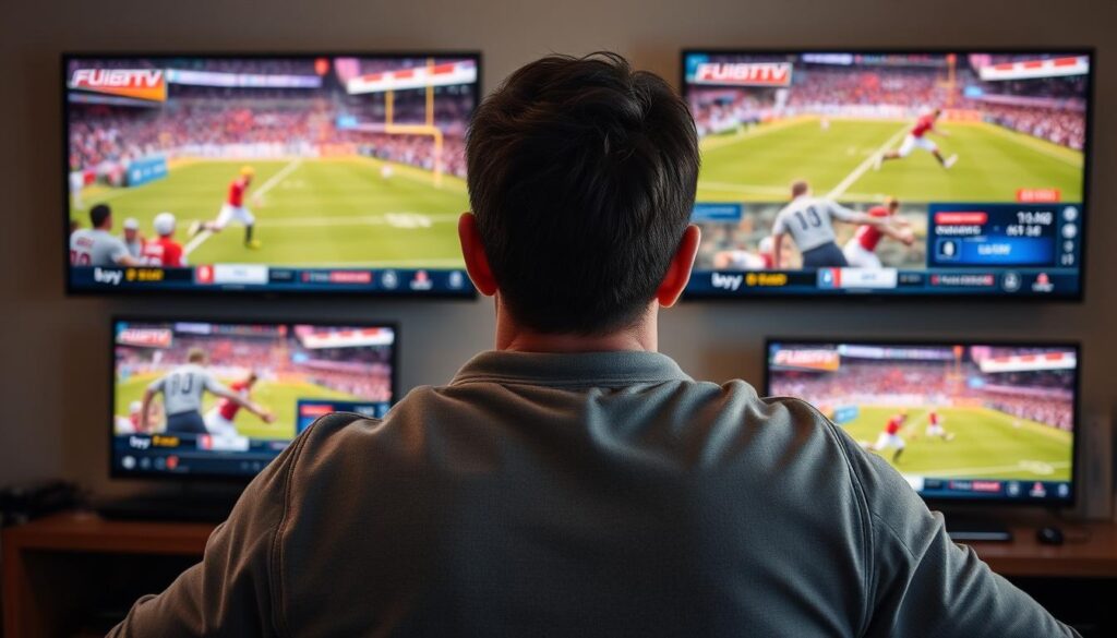 Generate an image of a sports enthusiast watching multiple games on different screens with FuboTV Generate an image of a sports enthusiast watching multiple games on different screens with FuboTV