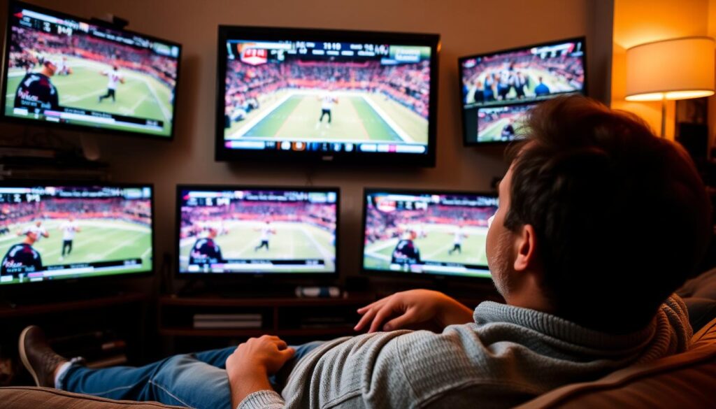 Generate an image of a sports fan watching a live game on Hypersonic IPTV with multiple camera angles and commentary options. Generate an image of a sports fan watching a live game on Hypersonic IPTV with multiple camera angles and commentary options.
