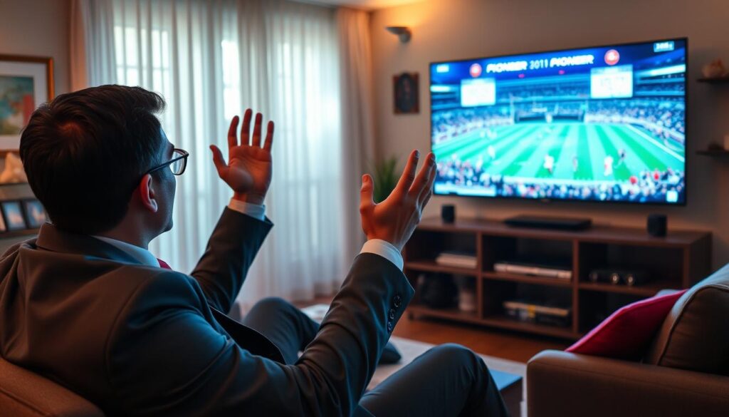 Generate an image of a sports fan watching a live game on Pioneer TV. Generate an image of a sports fan watching a live game on Pioneer TV.