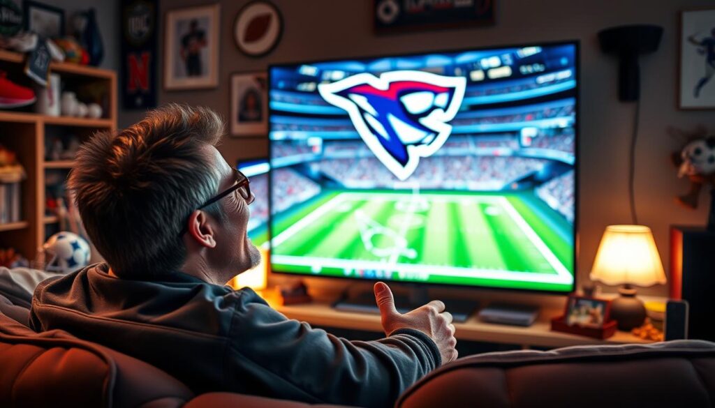 Generate an image of a sports fan watching a live game on their TV with high-quality streams. Generate an image of a sports fan watching a live game on their TV with high-quality streams.